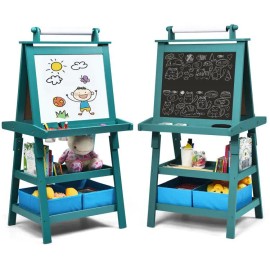 Art Easel With Storage Green Wood Double Sided For Kids Drawing And Chalkboard Usecolor: Gray Color