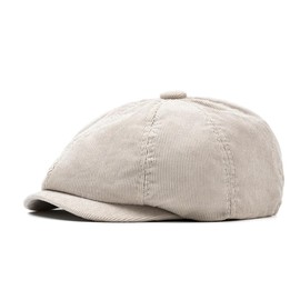 RUNQIU Beret Men's Casket Gatsby Cap Corduroy Plain Men's Short Brim Elastic Beret Unisex Autumn Winter Thermal Cap Peak Octagon Cap, beige
