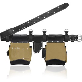 FUERI Nylon Tool Belt Bags Pouches Heavy Duty for Men Construction Carpenter Electrician Framer Work Beige & Black