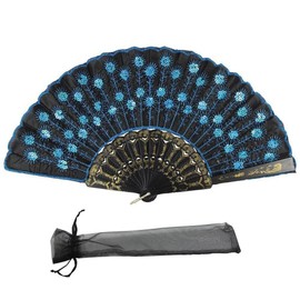Newstarfactory Peacock Pattern Sequins Design Black Plastic Folding Hand Fan