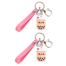 Zhuluck 2Pcs Silicone Pearl Milk Tea Keychain, Cute Bobo Keyring Simulation Drinks Headphone Case Keyring Car Key Chain Bag Pendant for Women Girls Charm Accessories
