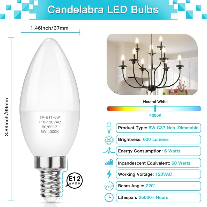 MAXvolador E12 LED Candelabra Light Bulbs 60W Equivalent, 4000K Neutral