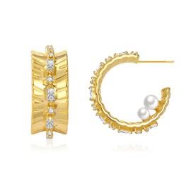 Aprilery Gold Hoop Earrings for Women, Dainty Cubic Zirconia Pearl Twisted Chunky Gold Hoop Earrings Cuff Lightweight Statement Earrings Hypoallergenic Jewelry for Her
