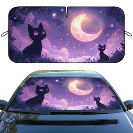Black Kitten Car Front Window Sun Shield Crescent Moon Purple Sky Stars Front Window Car Sun ​Shade Windshield Rays Sun Shade Visor Protector for Car Sedan Truck SUV Accessories 59" L x 31.5" W