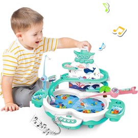 3in1 Fishing Game Toys for Kids with 34PCS Accessories Including Fishing Rod, Small Fish, Track, etc., STEM Toys with Music and Stories for Preschool Learning (Green)