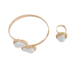 Rainbow Cloudz Baroque Pearl Bracelet & Ring Set – Adjustable Gold-Tone Cuff & Statement Ring, Elegant Imitated Pearl Jewelry