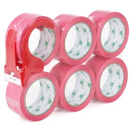 BOMEI PACK Pink Packing Tape with Dispenser, 2.4 Mil 1.88 Inch x 60 Yards, 6 Refills Rolls Color Box Tape for Moving, Shipping and Packaging