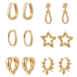 VTSKAIIE 6 Pairs 14K Gold Hoop Earrings Set for Women| Lightweight Chunky Multipack| Hypoallergenic Twisted Huggie Star Heart Jewelry for Gifts