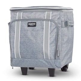 Igloo 40 Can Large Portable Lunchbox Soft Sided Insulated Cooler Box with Wheels and Height Adjustable Pull Bar for Hiking, Camping, Fishing, and Picnics, Light Gray