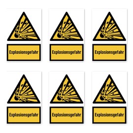 Stickers: 75 x 50 mm, Pack of 6 – Explosion Hazard – Warning Sign with Text (German) (Yellow/Black) – Vertical – DIN EN ISO 7010 / ASR A1.3