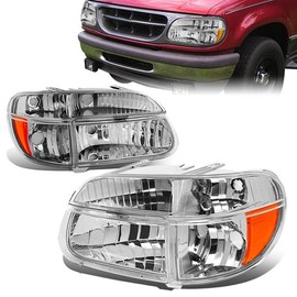 Headlight Assembly with Corner Lamps Compatible with Ford Explorer 1995-2001 Mercury Mountaineer 1997 Headlamps FO2502122 FO2503122 FO2503176 FO2502176 FO2521167 Chrome Housing Amber Corner