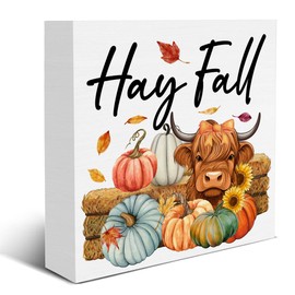 Fall Decor Hay Fall Wooden Sign Western Autumn Highland Cow Decorations for Home Front Porch Shelf 5 X 5 Inches