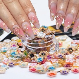 50Pcs Flower Nail Rhinestone Clear Crystal Nail Art Rhinestones Gold Edge Flower Nail Gems Acrylic Crystal Nail Studs Mixed Color Lucky Cherry Blossom Nail Jewelry for Nail Art Faces Eyes Makeup Decor