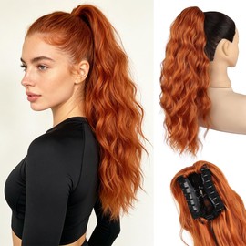 JIAMEISI Ponytail Extension, 45 cm Ponytail Hairpiece, Synthetic, Wavy, Curly Claw Clip, Ponytail Hair Extension for Women, Gives Volume & Length (Ginger Copper)