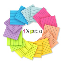 (16 Pack) Lined Sticky Notes 3x3 in Ruled Stickies Super Sticking Power Memo Pads Bright Colors