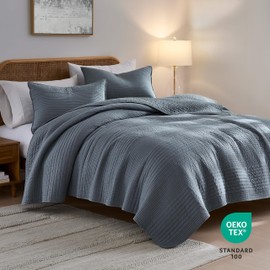 palassio Striped Blue Grey 100% Cotton Quilt Queen Size Bedding Sets, Lightweight Crinkly Channel Pick Stitch Textured Bedspread Soft Shabby Chic Farmhouse Country Coverlet for All Season, 2 Shams