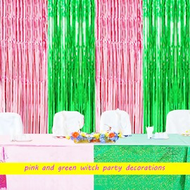 Pink and Green Party Decorations, Wicke Birthday Decorations, Tinsel Foil Fringe Curtains Backdrop Witch Theme Decorations (2 Pack)
