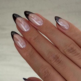 Qsnidy Pearlescent Press on Nails Medium, Glazed Black French Fake Nails Almond Chrome Acrylic Press Ons for Women, Natural Fit Full Cover Glue on Nails in 12 Sizes - 24 Pieces Nail Kit