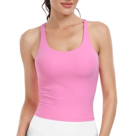 HeyNuts Zeal Longline Ribbed Sports Bras for Women, Medium Impact Wirefree Yoga Tank Tops Criss Cross Back Crop Tops Workout Bras Aurora Pink XS