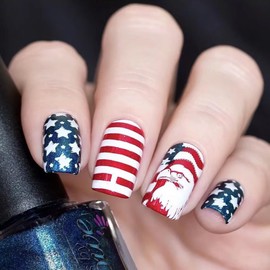 4th of July Fake Nails Medium Square Fake Nails with Blade Eagle & Glitter Design Red Blue Acrylic Nails Full Cover Glossy False False Nails Stick on Nails for Women Girls Independence Day Nail Art