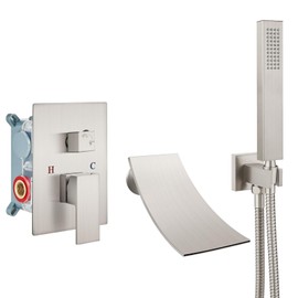 Airuida Wall Mount Tub Faucet with Waterfall Tub Spout Wall Mounted Bathtub Faucet with Handheld Shower Single Handle Tub Filler Shower Faucet Set with Rough-in valve Curved Spout Brushed Nickel