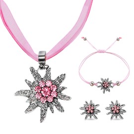 Set of 3 Costume Jewellery Set, Women's Costume Jewellery Set, Bavarian Dirndl Jewellery Costume Necklace with Rhinestone Edelweiss Pendant, Edelweiss Necklace, Edelweiss Bracelet, for Oktoberfest