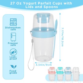 4 Pack Portable Breakfast Cups with Lids and Spoon, 27 oz Reusable Cereal Yogurt Parfait Cup with Topping Plastic Oats Container Storage for Yogurt, Cereal or Oatmeal