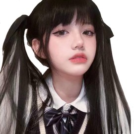Sofeiyan Wig, Ponytail, Inner Color, Twin Tail Extension, Long, Straight Point Wig, Natural, Easy, Lolita, Set of 2, Black x White Silver