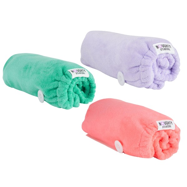 Noughty 97% Natural Microfibre Hair Towels, Quickly Absorbs Moisture, Reduces Breakage, Combats Frizz, 1 x Purple, 1 x Pink, 1 x Green Bundle