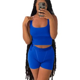 Conjunto de 2 piezas de entrenamiento casual para mujer, playera sin mangas de yoga de punto acanalado, leggings de cintura alta, conjunto de ropa activa, brasier y pantalones cortos: azul joyería, L
