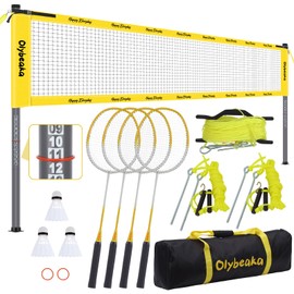 Olybeaka Outdoor Badminton Set 20 ft with Net for Backyard Lawn Beach, Portable Badminton Net Set System with 4 Carbon Aluminum Rackets and 3 Birdies and Carrying Bag for Kids + Adults (Yellow)
