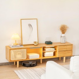 Tiita Rattan TV Stand for 55 65 Inch TV, Bamboo TV Cabinet with 2 Drawers, Boho Entertainment Center with Adjustable Shelf, Mid Century Modern Media Console for Bedroom, Living Room, Wood