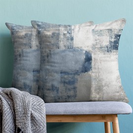 JIMOWANG Navy Blue Grey Abstract Art Painting Throw Pillow Case Set of 2 Modern Cushion Cover Square Pillow Cover Decoration for Sofa Bed Chair Car 18 x 18 Inches