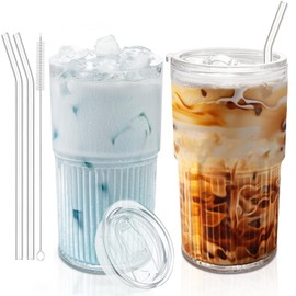 Luiaiog Glass Coffee Cups with Lids and Straws - Set of 2 Shatter-Resistant Tumblers for Cold or Hot Drinks, Iced Coffee, Smoothies, Juice, Tea, Milk (18.5oz)
