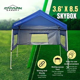 Caravan Canopy Skybox 3.2 Foot x 6.5 Foot Instant Multipurpose Height Adjustable Steel Frame Outdoor Sport Shelter Canopy with Carry Bag, Blue