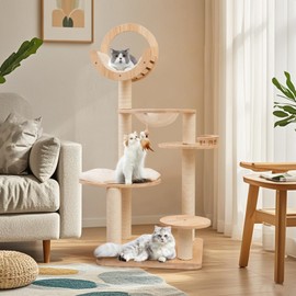 Nightcore 57” Tall Solid Wood Cat Tree for Indoor Cats, Building Block Kitten Tower w/Perch, Scratching Posts, Washable Cushions, 4 Install Options, Multi-Level Cat Activity Center Climbing Furniture