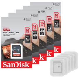 SanDisk 5 Pack Ultra 16GB SD SDHC Memory Flash Card UHS-I Class 10 Read Speed up to 48MB/s 320X SDSDUNB-016G-GN3IN Wholesale Lot + (5 Cases)