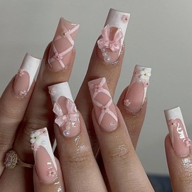 24Pcs Pink Balletcore French Tip Press On Nails – 3D Bow Accents Ribbon Design Long Coffin Nails White French Tips Princess Style floral Cute and Playful File (Pearl Pink)
