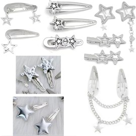 Silver Punk Snap Clips and Star Barrettes, Y2K Harajuku Hair Jewelry Set for Women, Goth Emo Rave Metal Accessories for All Hairstyles (Multi-Style Use).