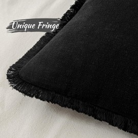 MIULEE Set of 2 Linen Throw Pillow Covers Decorative Lumbar Pillow Covers Farmhouse Style Boho Cushion Covers Black Pillow Covers with Fringe for Living Room 12x20 Inch