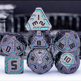 OGCOPHEN Metal DND Sci-fi Dice Set 7PCS Stripe Polyhedral Dice for Dungeons Dragons RPG Role Playing Game, Glitter D and D Dice with Gift Box D6 D8 D10 D12 D20 (Black&Green Purple)