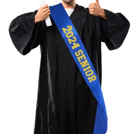 Blue 2024 Senior Satin Sash with Gold Glitter Letters -Class of 2024 Sash - -2024 Graduation Party Decorations - Congrats Grad Party Favors