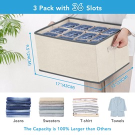 Baesyhom 3 Pcs 12 Cell Large Size Pants Organizers for Clothes, Jeans, Sweater, T-shirt, Dress Stackable for Wardrobe Closet Drawer Organizer Storage Bin Container, Beige