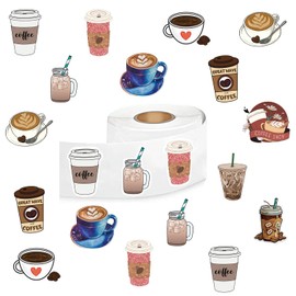 500Pcs Cute Coffee Stickers, Cartoon Drink 1 Inch Labels with 8 Patterns Decal Rolls Self Adhesive Seals for Scrapbooking Cards Envelopes， Gifts for Kids Teens Adults for Birthday Party Supply Reward