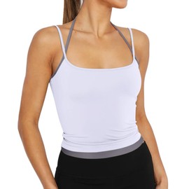 REORIA Women's Summer Casual Sleeveless Square Neck Contrast Lining Double Lined Adjustable Spaghetti Strap Y2K Trendy Going Out Camisole Crop Tank Tops White Medium
