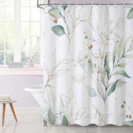 Uiiooazy Eucalyptus Shower Curtain, Sage Green Abstract Gold Leaves Bath Curtain Anti-Mould Waterproof Washable Polyester Fabric Bath Curtain with 12 Hooks 220 x 180 cm