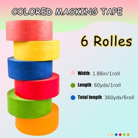 COSIMIXO Colored Masking Tape 1.88 inches x 60 Yards, 6 Rolls Multi-Color Coding Masking Tape for Crafts, Labeling Packing Residue-Free Removal, Easy Hand-Tear