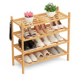 VOPOG 4 Tier Shoe Rack for Front Door Entrance with Shoe Horn, Stackable Bamboo Shoe Shelf Organizer for Entryway, Hallway, Bathroom, and Closet - Natural Upgraded