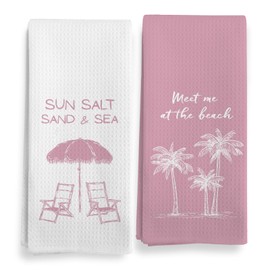 Qeheb Summer Pink Coastal Kitchen Towels Set of 2, Coquette Pink Bathroom Decor, Beach Hand Towels for Bathroom, Meet Me at The Beach Decorative Hand Dish Tea Towel for Kitchen 16X24In