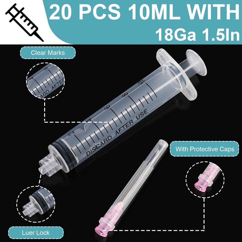 20 Pack 10ml Syringes with Needle-18Ga 1.5Inch Needle with Luer